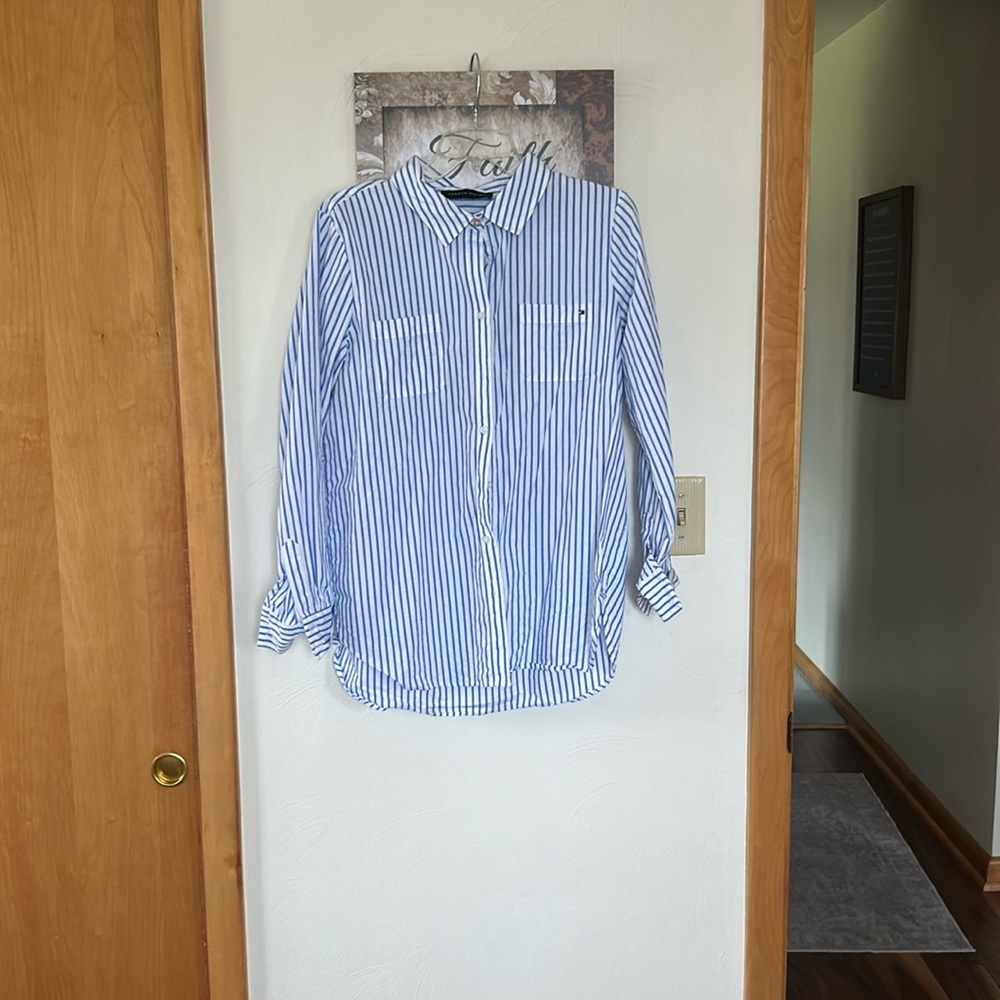 Like new Tommy Hilfiger blue and white striped button down shirt